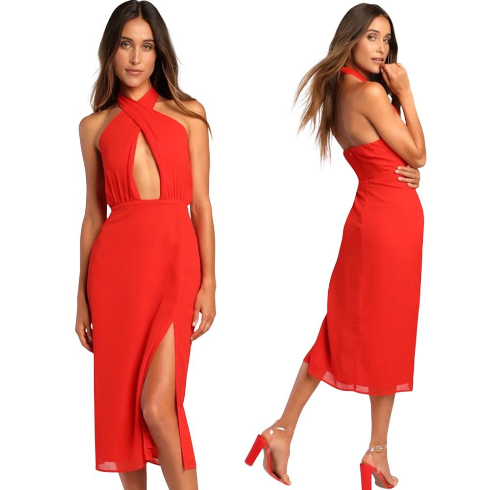 Lulus Flirty Chic Cutout Twist Front Halter Midi Dress Chiffon Red Womens Small